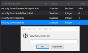 Thunderbird, erweiterte Einstellungen. TLS Version Min = 1